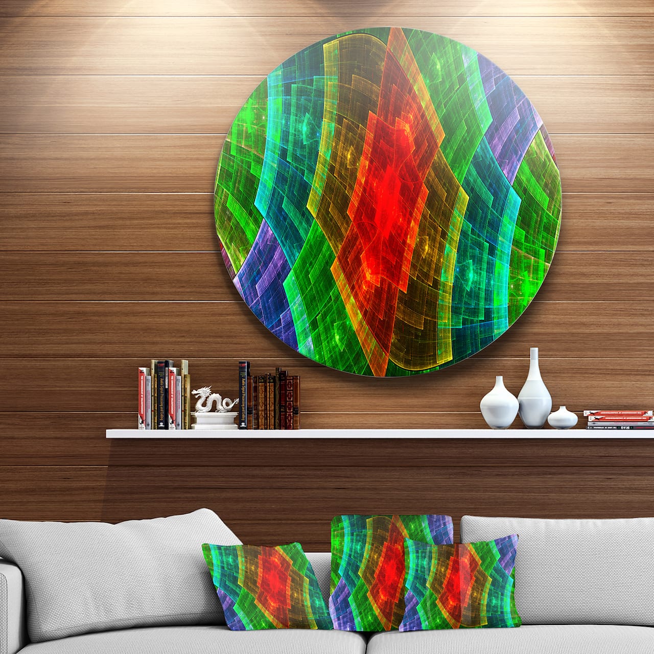 Designart - Multi Color Psychedelic Fractal Metal Grid&#x27; Abstract Metal Circle Wall Art